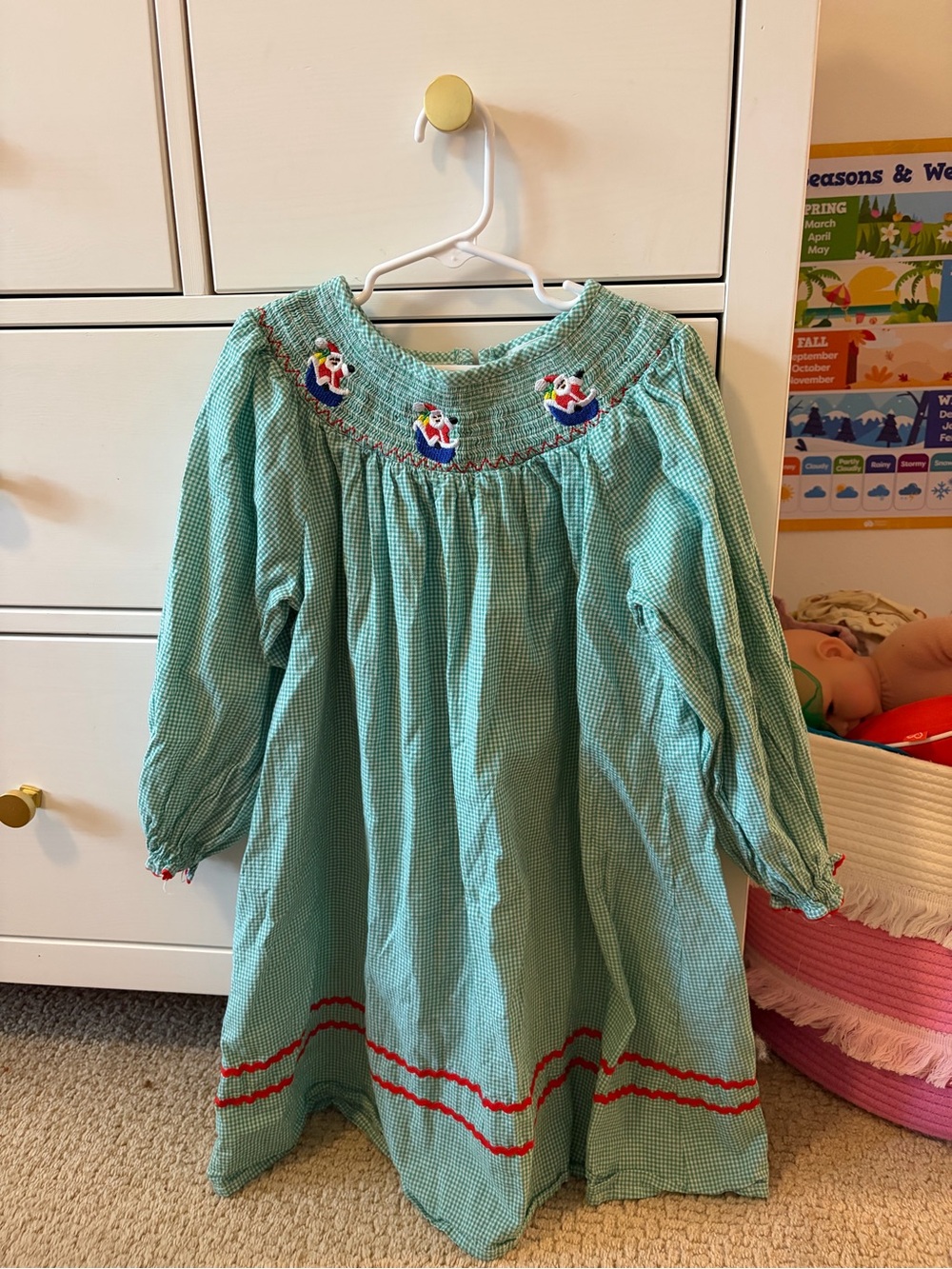 Marie Nicole Smocked Christmas Dress Kids 3XL Santa Sleigh Gingham